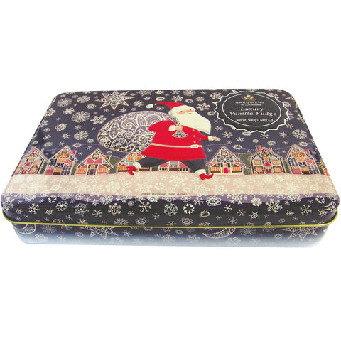 Santa-shaped tin of vanilla fudge from Jag Couture London - New York for Christmas, with festive holiday packaging.