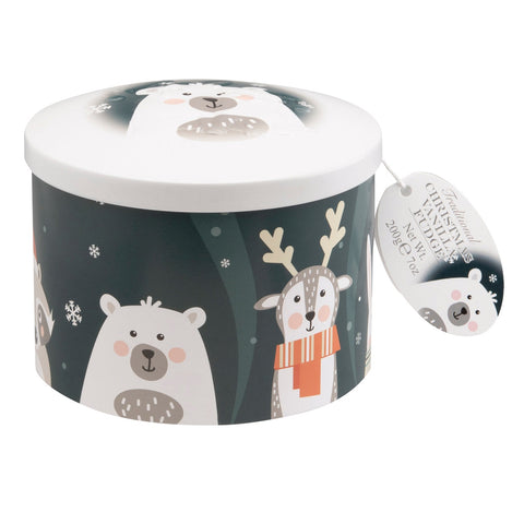 Tin of vanilla fudge featuring festive friends design by Jag Couture London - New York, with colorful packaging and vanilla fudge inside.