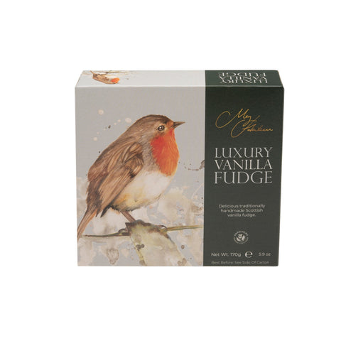 Jag Couture London - New York Meg Hawkins Robin vanilla fudge carton, showcasing colorful packaging and fudge pieces inside.