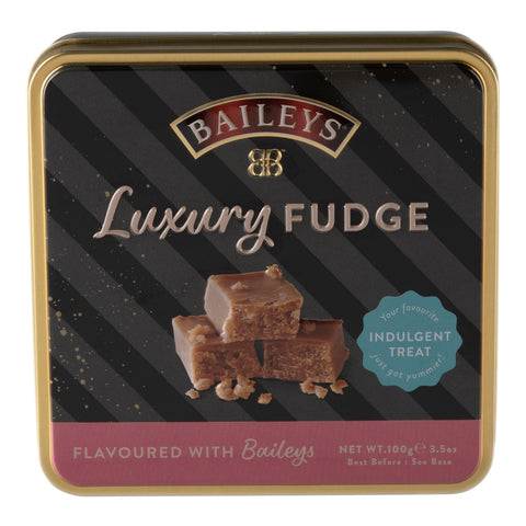 Jag Couture London New York Baileys flavored luxury fudge in a square tin, showcasing rich, creamy chocolates with Baileys flavor.