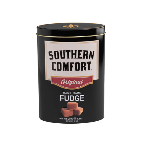 Jag Couture London New York Southern Comfort whisky flavored fudge in a decorative tin, showcasing creamy fudge with whisky flavor.