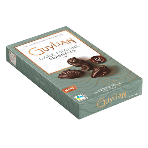 Guylian dark chocolate praline seashells in a gift box, featuring detailed seashell shapes and rich chocolate textures.