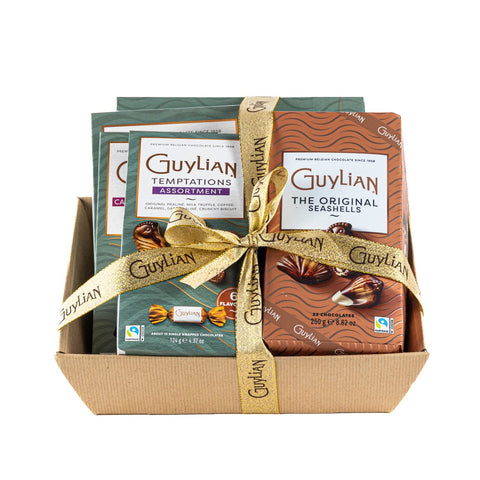 Guylian chocolate hamper tray from Jag Couture London New York, featuring assorted chocolates and elegant packaging.