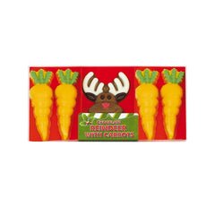Hand decorated chocolate reindeer and carrots in acetate pack