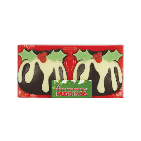 Hand decorated chocolate Christmas puddings in acetate pack by Jag Couture London - New York, showcasing festive holiday treats.