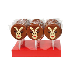 Hand decorated milk chocolate reindeer lollies
