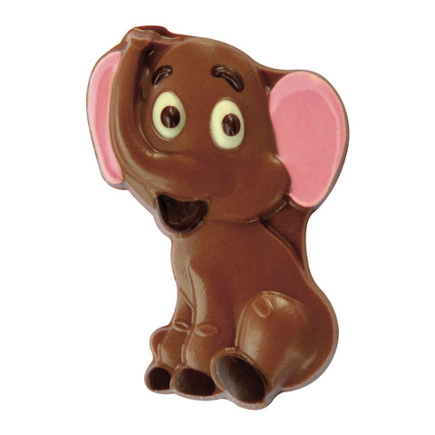 Decorated solid milk chocolate Eddie the elephant figure from Jag Couture London, approximately 44 pieces, detailed and colorful.