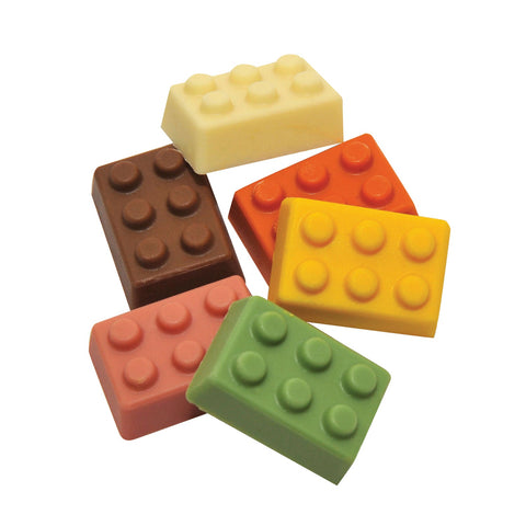 Colorful Jag Couture London building blocks set with solid milk and white chocolate pieces, approximately 96 pieces.