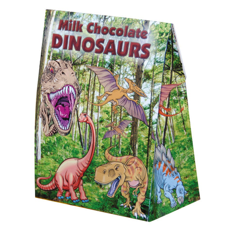 Milk chocolate dinosaurs in a gift pack by Jag Couture London New York, assorted sweet treats with detailed dinosaur shapes.