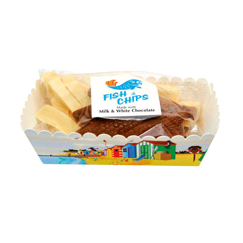 Milk and white chocolate fish and chips in a carton, crafted by Jag Couture London - New York.