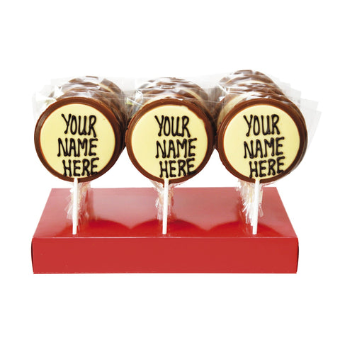 Personalised handmade chocolate lolly from Jag Couture London New York, showing a decorated chocolate treat with custom design.
