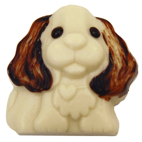 Decorated solid white chocolate Charles the spaniel figure from Jag Couture London, featuring intricate detailing, approximately 46 pieces.