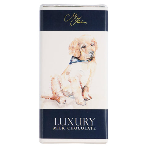 Jag Couture London New York Meg Hawkins Golden Retriever milk chocolate bar with golden retriever design on packaging.
