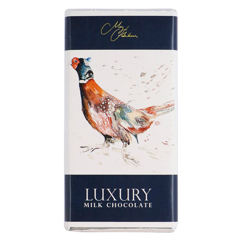 Milk chocolate bar featuring Meg Hawkins Pheasant design by Jag Couture London New York, with intricate pheasant artwork on the packaging.