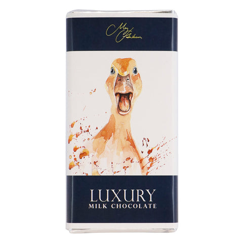 Milk chocolate bar featuring Meg Hawkins duck design, by Jag Couture London New York, with detailed duck illustration on the packaging.