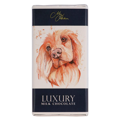 Milk chocolate bar featuring Meg Hawkins Cocker Spaniel design by Jag Couture London New York, with detailed chocolate artwork.