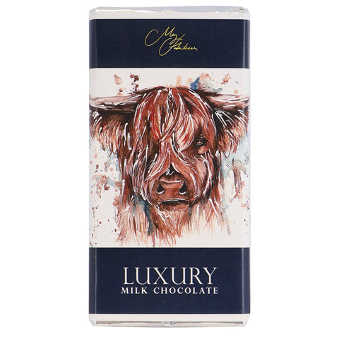 Milk chocolate bar featuring Meg Hawkins Highland Cow design by Jag Couture London New York, with detailed Highland Cow illustration.
