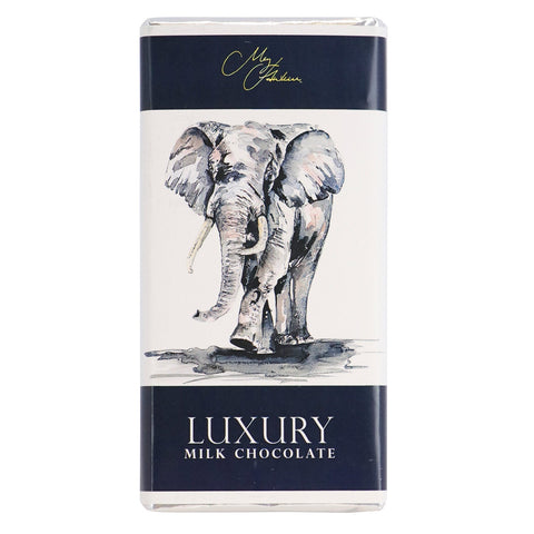 Milk chocolate bar featuring Meg Hawkins Elephant design by Jag Couture London New York, with detailed elephant illustration on the packaging.