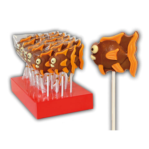 Hand-decorated chocolate fish lollipops in display by Jag Couture London New York, featuring colorful, detailed candy designs.
