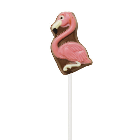 Hand-decorated chocolate flamingo lollipops displayed together, featuring colorful, detailed flamingo designs by Jag Couture London - New York.