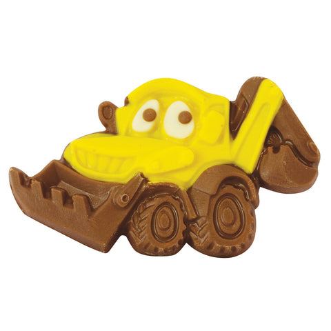 Solid milk chocolate Doug the Digger figure by Jag Couture London and New York, decorated and shaped like a digger machine, about 36 pieces.