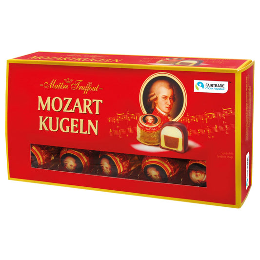 Mozart Kugeln carton of milk & dark chocolate, pistachio marzipan, marzipan and hazelnut praline bonbons