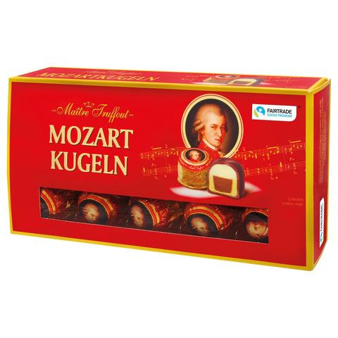 Assorted Mozart Kugeln chocolates from Jag Couture London, featuring milk and dark chocolate, pistachio marzipan, and hazelnut pralines.