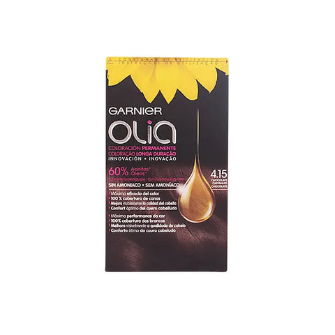 Garnier Olia permanent hair coloring in 4.15 Chocolate, with packaging shown, from Jag Couture London New York.