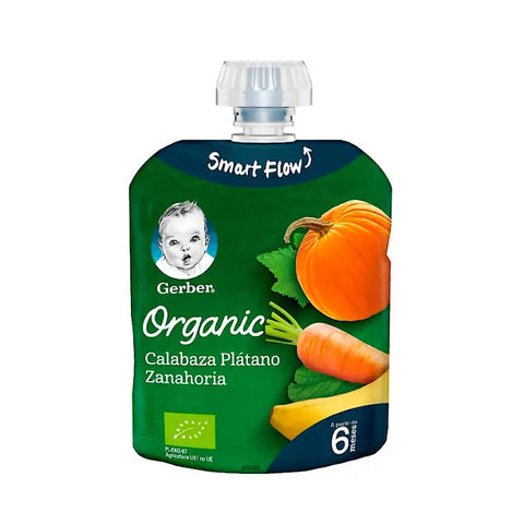 Gerber organic pumpkin, banana, and carrot baby food jar by Jag Couture London New York, 90g, with colorful label and lid