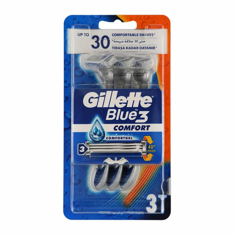 Gillette Blue 2 Comfort razor blade cartridges, 3-pack, with packaging showing brand logo and product details.