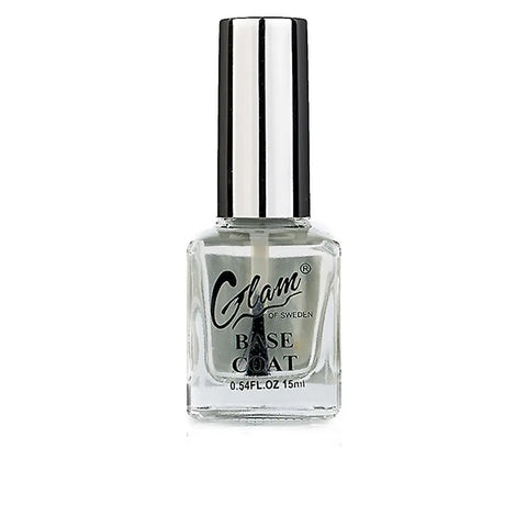 Glam of Sweden base coat in 15ml bottle, from Jag Couture London New York, with clear glass and brush applicator visible.