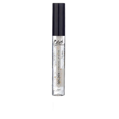 Glam of Sweden Lip Gloss with gold flakes in 4ml tube by Jag Couture London New York, featuring shiny gold and clear gloss.