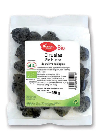 Organic S-Hueso plums from Granero, in 250g packaging, by Jag Couture London New York, showing fresh, ripe dried plums.