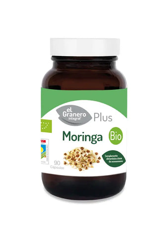 Organic Moringa supplement in 90 capsules, 400mg each, from Jag Couture London – New York, shown in a clear bottle.
