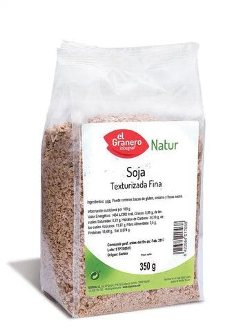 Fine textured soy granules in a 350g package from Jag Couture London New York, shown in a close-up image.
