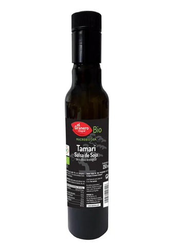 Organic Granero Tamari soy sauce in a 250ml bottle by Jag Couture London New York, shown with the soy sauce bottle and label.