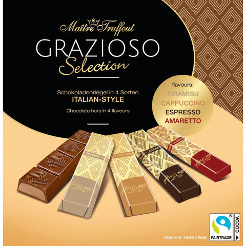 Assorted Grazioso Italian-style milk and dark chocolate bars with flavors like amaretto, cappuccino, tiramisu, and espresso from Jag Couture.