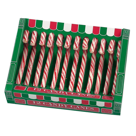 Green box of 12 red and white candy canes measuring 12.8cm by Jag Couture London - New York