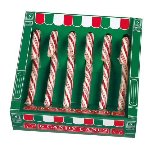 Green box of 6 red and white candy canes, 12.8cm, by Jag Couture London New York, with candy canes displayed inside the box.