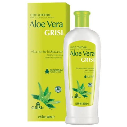 Bottle of Grisi Aloe Vera Body Milk 380ml with clear labeling, featuring a white and green design on a plain background.