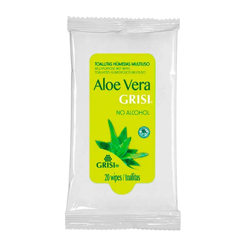 Pack of 20 Grisi Aloe Vera multipurpose wipes with aloe vera extract, in a resealable plastic package.
