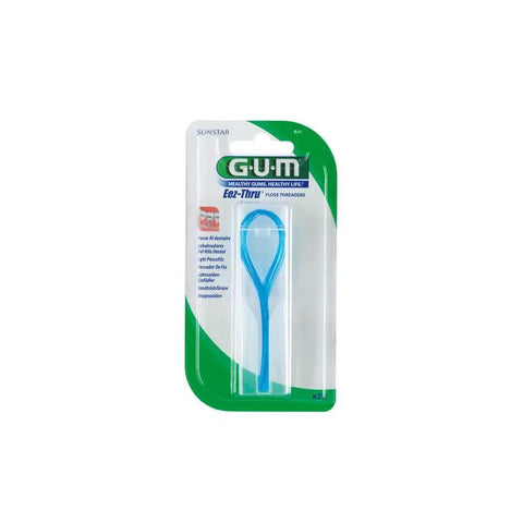Gum Eez-Thru dental threader aids, 25 units, by Jag Couture London - New York, shown in a close-up of the product packaging.
