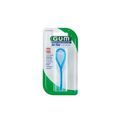 Gum Eez-Thru dental threaders with 25 units by Jag Couture London New York, showing the packaging and dental threaders inside.