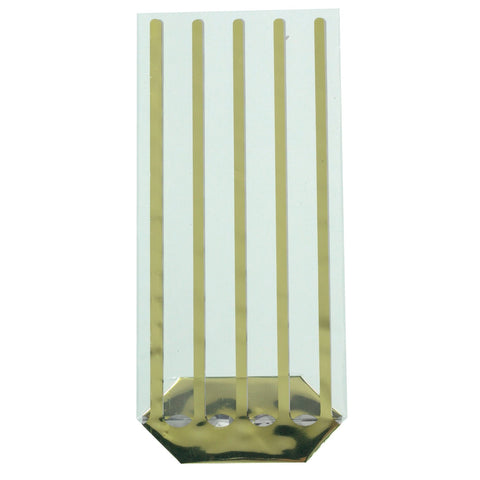 Gold striped cello bag from Jag Couture London, 100x220mm, featuring shiny gold and clear striped design for gift packaging.