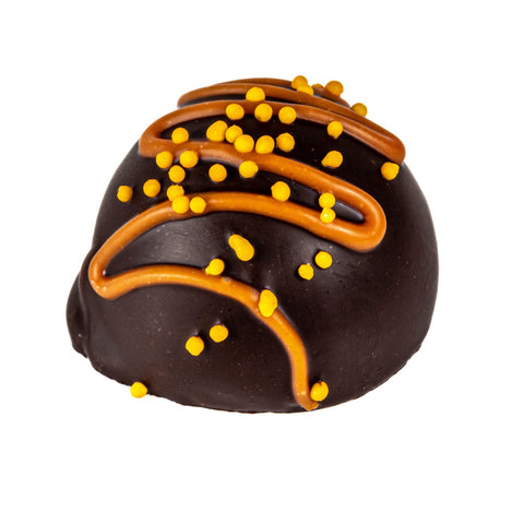 Orange Fruit Cream flavored fondant in dark chocolate, 13g, from Jag Couture London - New York, shown in HD image.