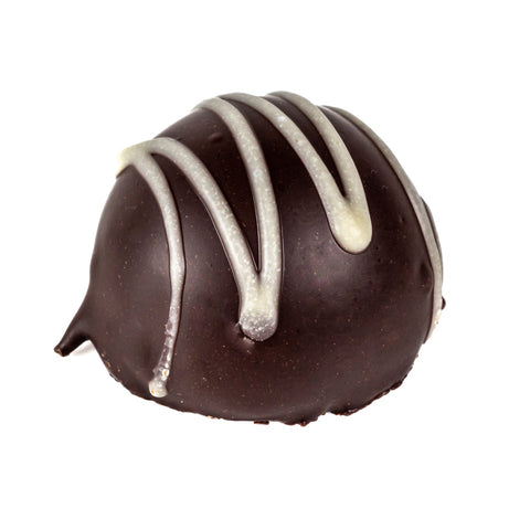 Rhubarb fruit cream by Jag Couture London in dark chocolate, 13g, showcasing a smooth fondant filling with a rich chocolate exterior.
