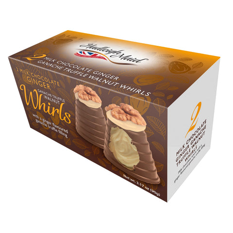 Milk chocolate ginger ganache walnut whirls twin pack by Jag Couture London New York, showing elegant chocolate swirls with walnuts.