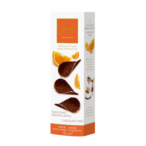 Hamlet dark chocolate orange flavored thins by Jag Couture London - New York, showing thin chocolate pieces with orange zest.