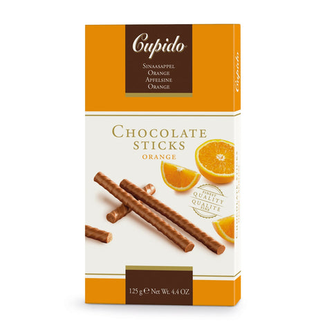 Jag Couture London New York Cupido orange flavored milk chocolate sticks, coated in smooth milk chocolate with orange zest.