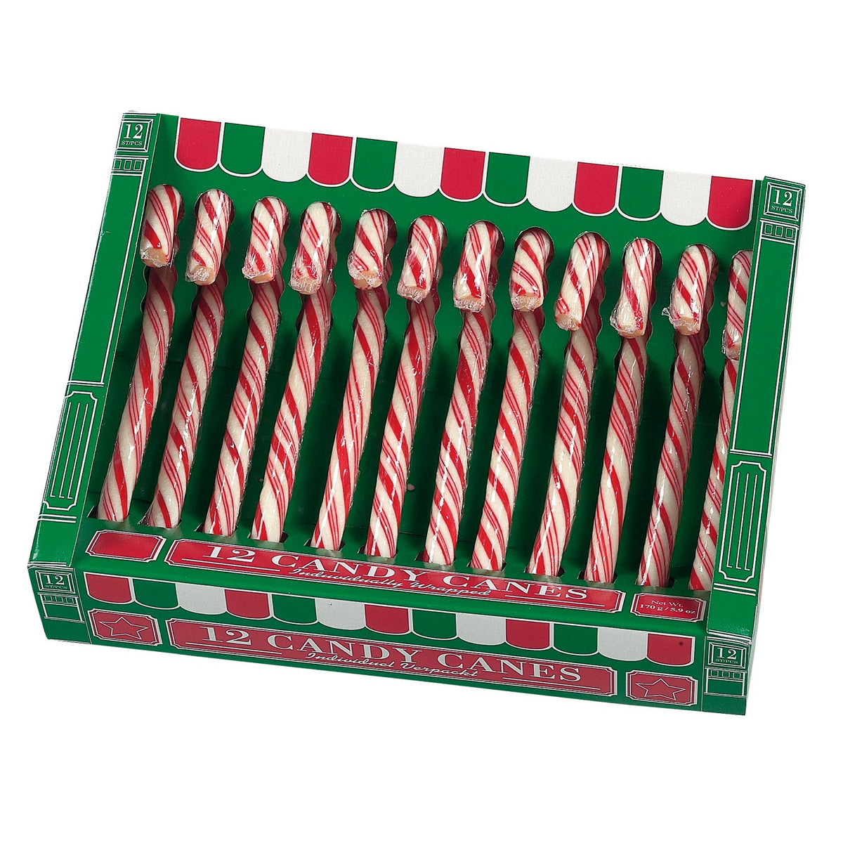 Green box of 12 red and white candy canes (12.8cm)